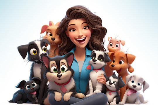 3D Cartoon of a female veterinarian is surrounded by pets