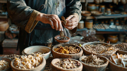 A practitioner of Traditional Chinese medicine preparing herbal remedies, highlighting the ancient wisdom of holistic healing - obrazy, fototapety, plakaty