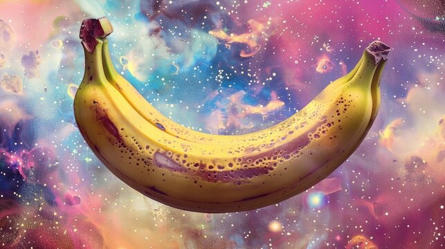 A digital collage of bananas set against a cosmic backdrop suggesting the fruits universal appeal