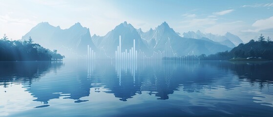 A serene lake reflecting a graph showing exponential growth symbolizing calm and successful investing - obrazy, fototapety, plakaty