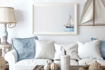 Sailboat picture above couch in living room interior design