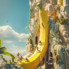 An adventurous scene of tiny exploring figures climbing and rappelling down a giant banana