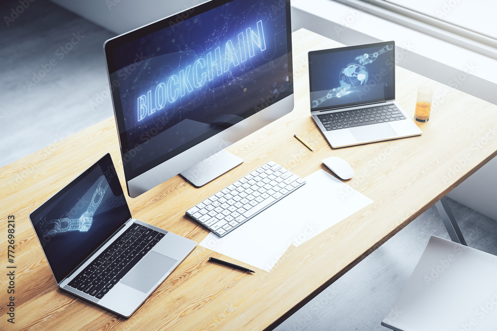 Fototapete Creative abstract blockchain technology sketch on modern laptop monitor, future technology and blockchain concept. 3D Rendering
