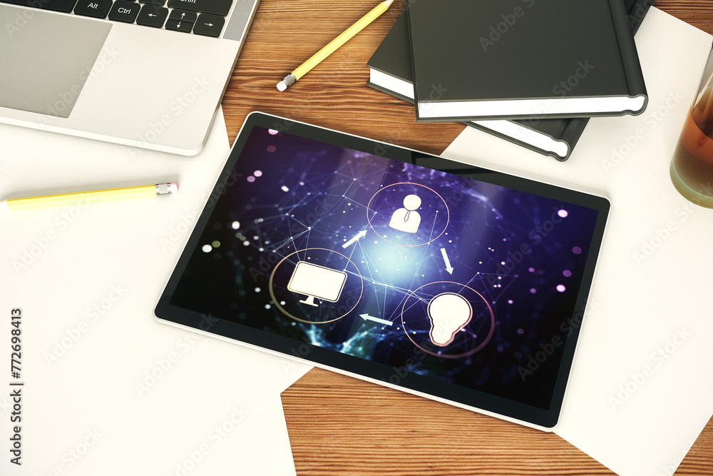 Fototapete modern digital tablet screen with social network icons concept. networking concept. top view. 3d ren