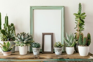 Shelf adorned with houseplants in flowerpots and a rectangular picture frame
