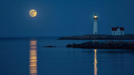 The tranquil harbor is illuminated by the silver moon casting a serene glow upon the water. The lighthouse stands at attention ready . .