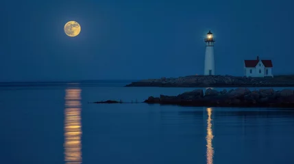 Tuinposter The tranquil harbor is illuminated by the silver moon casting a serene glow upon the water. The lighthouse stands at attention ready . . © Justlight