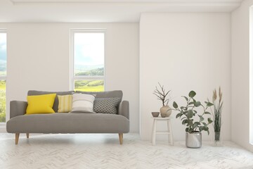 White living room with sofa and summer landscape in window. Scandinavian interior design. 3D illustration