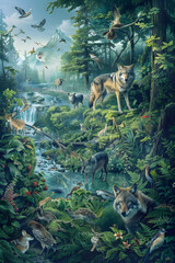 Illustration of a Wolf's Keystone Role in a Biodiverse Ecosystem 