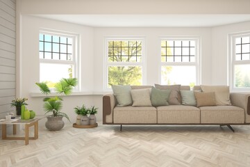 White living room with sofa and summer landscape in window. Scandinavian interior design. 3D illustration
