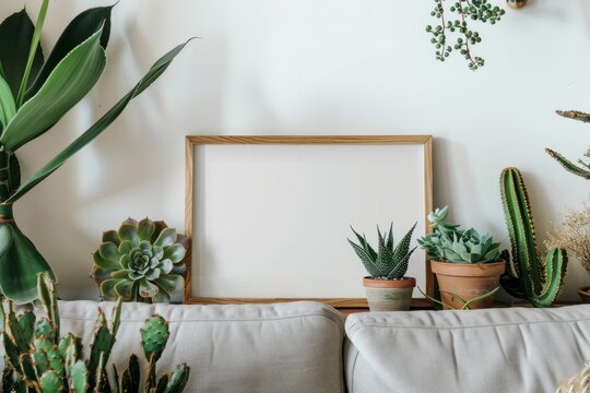 House filled with houseplants in flowerpots and a picture frame on the wall