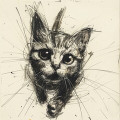 The doodle captures the cat's inquisitive spirit with sharp, attentive eyes and a detailed whisker depiction. ink pen doodling, sharp lines, white minimalistic background