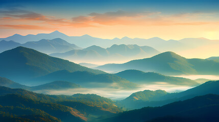 Fototapeta premium Beautiful sunrise at misty morning mountains