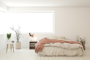 White bedroom concept. Scandinavian interior design. 3D illustration