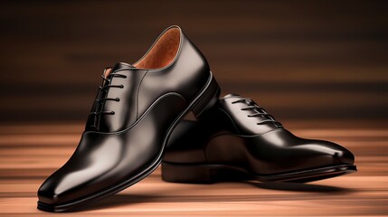 A pair of classic black leather crafted on a polished brown wooden floor, Generative ai.