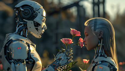a robot with flowers in his hand