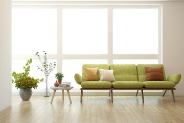 White living room with sofa. Scandinavian interior design. 3D illustration