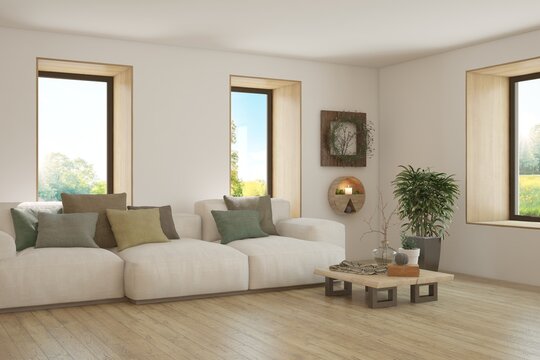 White living room with sofa and summer landscape in window. Scandinavian interior design. 3D illustration