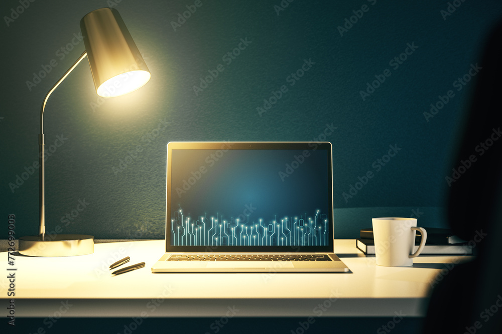 Leinwandbilder creative abstract micro circuit sketch on modern laptop monitor, future technology and ai concept. 3