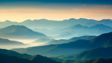 Beautiful sunrise at misty morning mountains