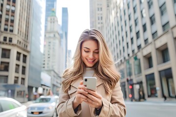 Fototapeta premium Caucasian woman holding smart phone on urban street