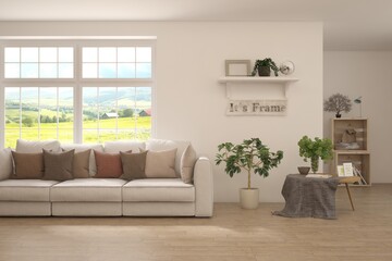 White living room with sofa and summer landscape in window. Scandinavian interior design. 3D illustration