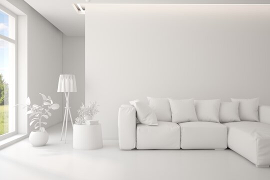 Grey living room concept with sofa. 3D illustration