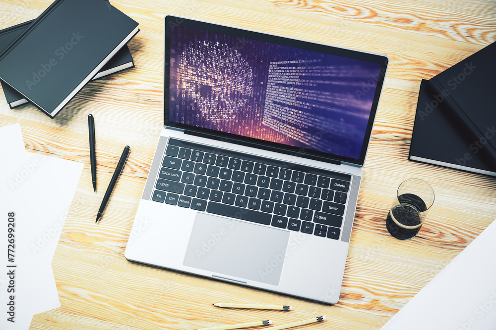 Fototapete creative concept of code skull illustration on modern laptop screen. hacking and phishing concept. 3