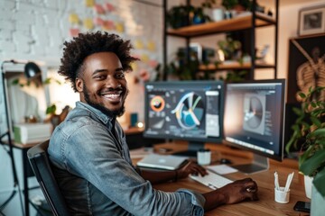 Smiling African American man working at a computer with graphics software in a creative office setting.