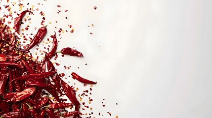 Vibrant Red Dried Chilies Scattered on White Background