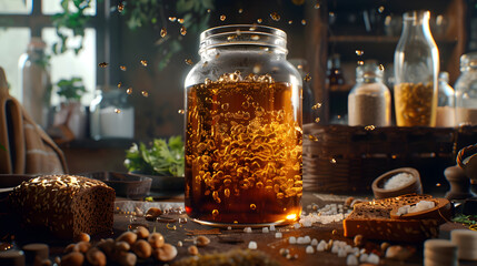 Elaborate Display of Traditional Kvass Fermentation Process and Ingredients