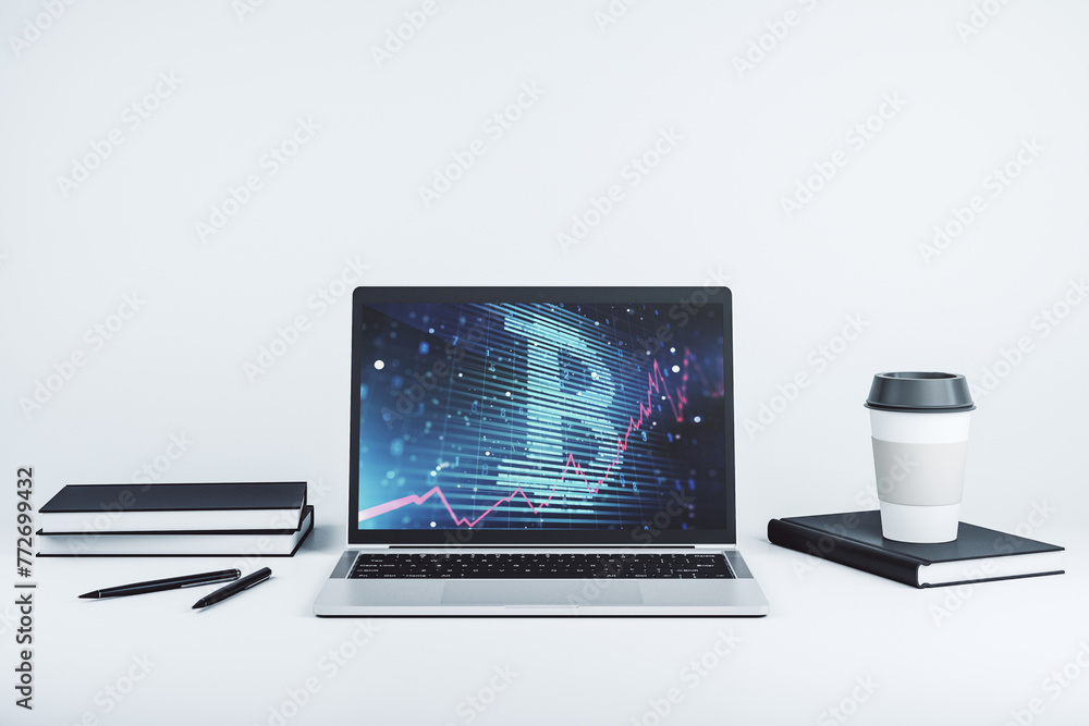 Poster creative bitcoin concept on modern laptop screen. 3d rendering