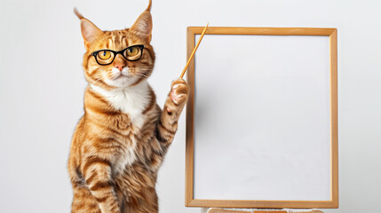 Intelligent and cute cat with glasses teaching on the whiteboard