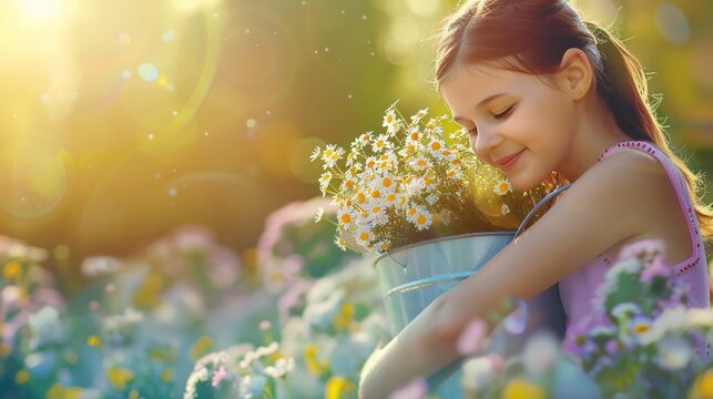 Portrait of a smiling little girl while holding a beautiful bouquet of flowers, a concept for a happy Mother's Day.