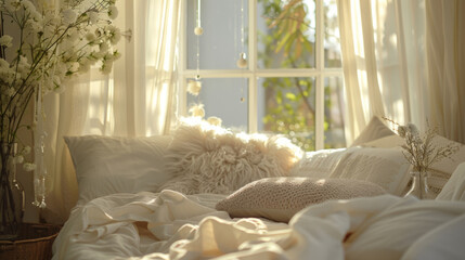 A cozy sunlit bedroom with billowing white curtains and fluffy oversized pillows. The room is...