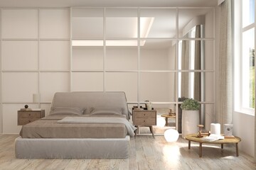 White bedroom concept. Scandinavian interior design. 3D illustration