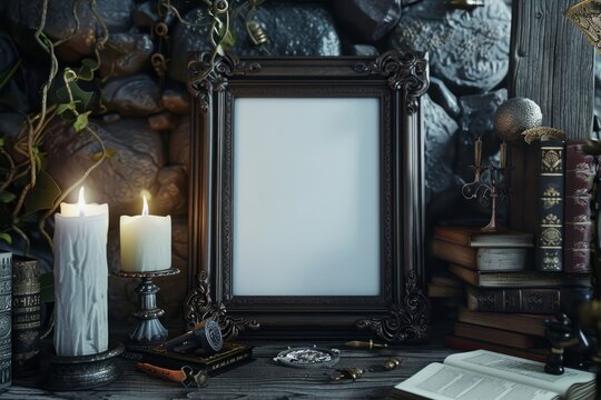 A rectangle picture frame, candles, and books on a table in a dark room