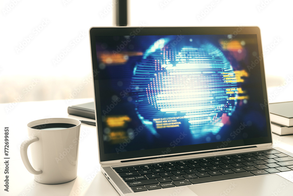 Fototapete modern computer screen with abstract graphic coding sketch and world map, big data and networking co