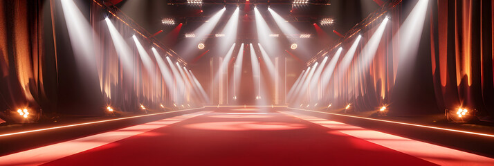 An empty stage with red curtains and spotlights generative AI,Dramatic theater stage with red curtains and three spotlights illuminating an empty stage for theatrical performances

