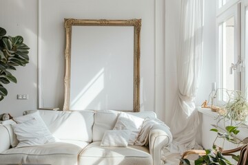 Interior design with white couch and large mirror on wall in living room