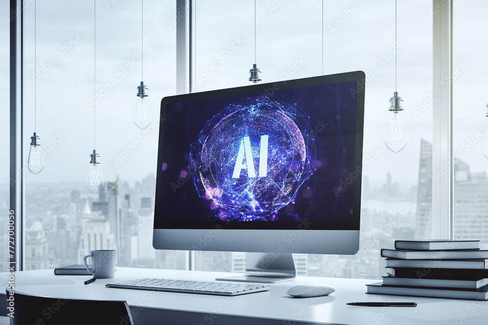 Poster Creative artificial Intelligence symbol concept on modern computer monitor. 3D Rendering