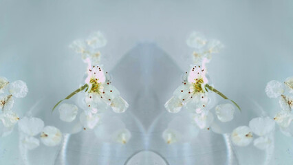 Apple bloom. Floral kaleidoscope. Defocused gentle organic white flower petals oil water texture...