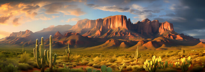 An illustration of the Superstition Mountains in Arizona, featuring cacti and desert plants in the golden hour lighting, with red rocks and towering mountains - Powered by Adobe