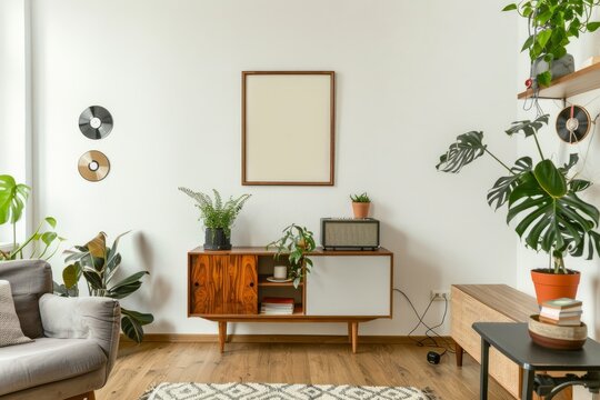 A cozy living room with furniture, plants, and a picture frame on the wall