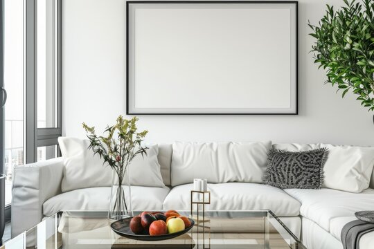 A white picture frame hangs above the couch in the living room interior