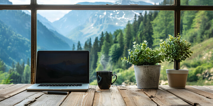  Workspace with laptop and coffee on wooden table with nature mountain background. generative ai