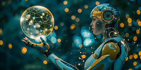 Robô Futurista Segurando uma Esfera Brilhante