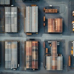 Aerial videography captures the geometric precision of warehouses and factories in a new industrial park - obrazy, fototapety, plakaty