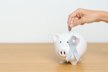 Brain Cancer Awareness May month, Grey Ribbon with Piggy Bank for support illness life. Health,...