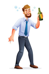 Drunk businessman holding alcohol bottle. Vector cartoon illustration isolated on white background